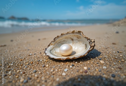 A gleaming pearl nestled in an open oyster shell on a serene sandy beach under a clear blue sky, embodying natural coastal beauty and tranquility.
