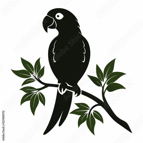 Tropical Parrot Silhouette on Branch: Exotic Bird, Jungle Scene, Avian Wildlife, Nature Photography,