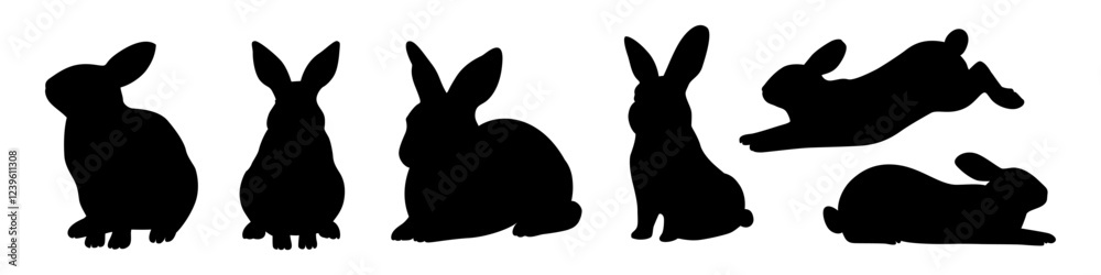 Fototapeta premium A set of black rabbit silhouettes in different positions, including sitting, jumping, and lying down. Perfect for design and decoration