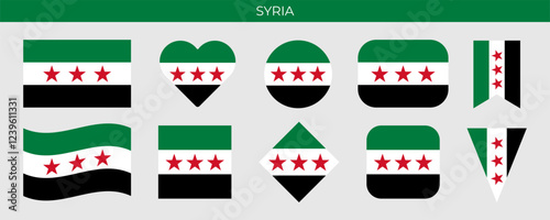 A set of stylized icons featuring the new Syrian flag in different shapes, including heart, circle, square, and ribbon designs. Vector illustration