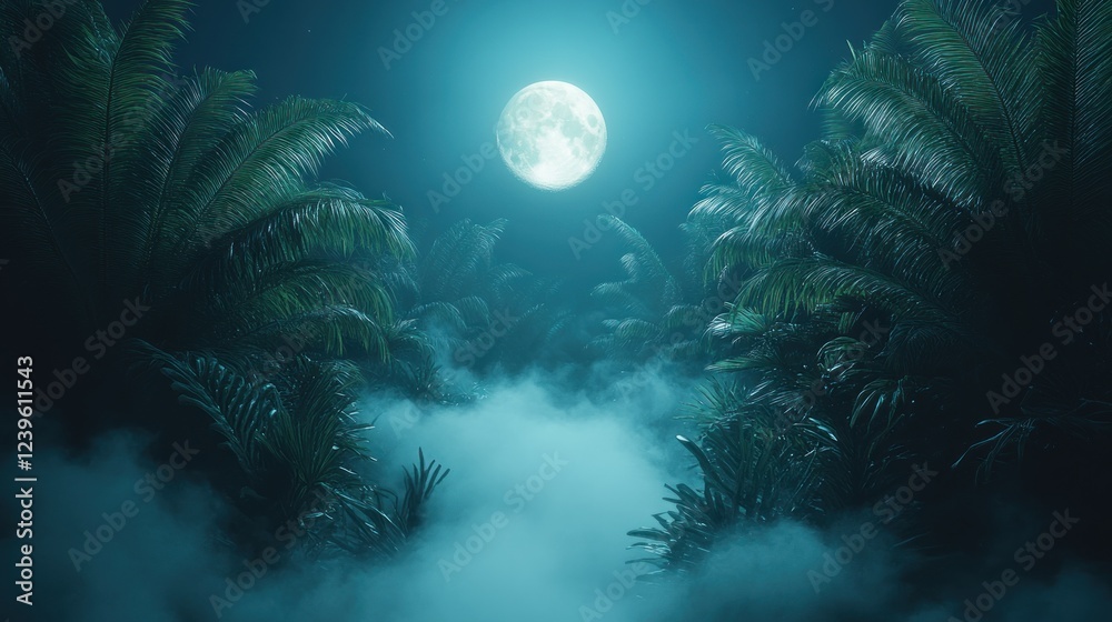 Obraz premium Moonlit Tropical Jungle Path, Foggy Night, Mystical Scene