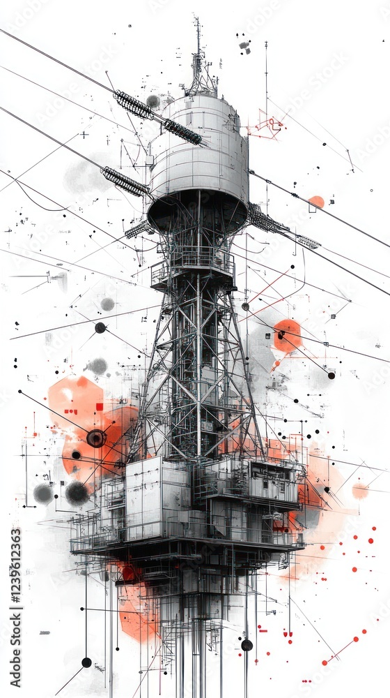 Fototapeta premium Futuristic offshore platform, digital art, ocean background, energy
