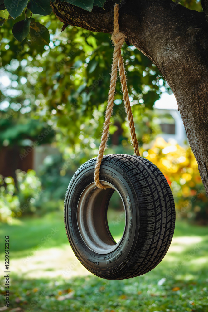 Playful Kids Swinging on Tire Swing in Summer Park Setting Playful Kids Swinging on Tire Swing in Summer Park Setting