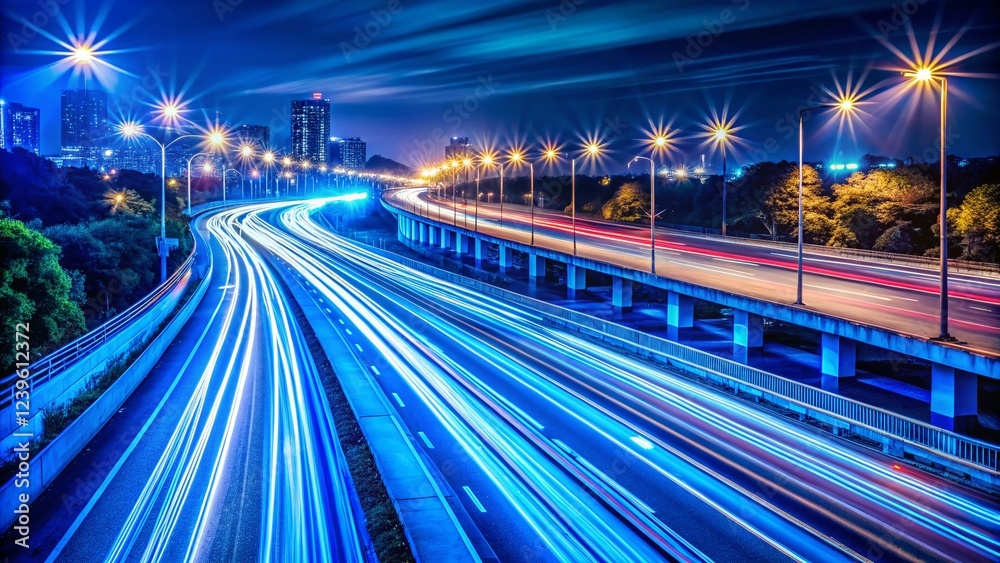 Obraz premium Blue Light Streaks on Highway at Night