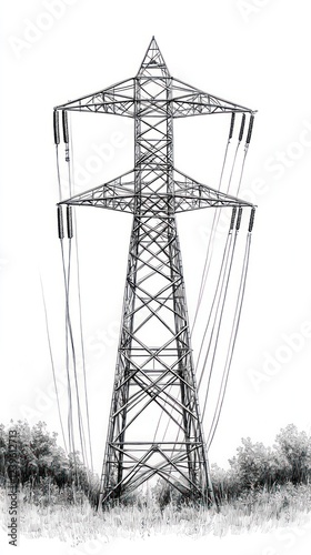 Tall electricity pylon, power lines, rural landscape, energy, sketch photo