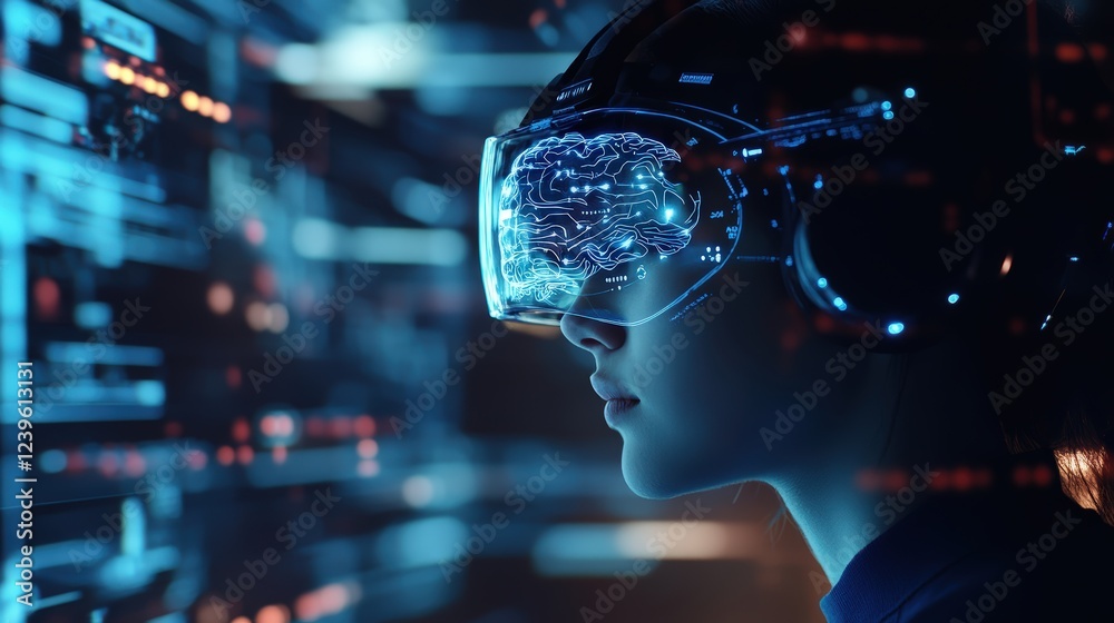 Person Wearing Brain-Computer Interface Headset, Controlling a Device with Thoughts Person Wearing Brain-Computer Interface Headset, Controlling a Device with Thoughts