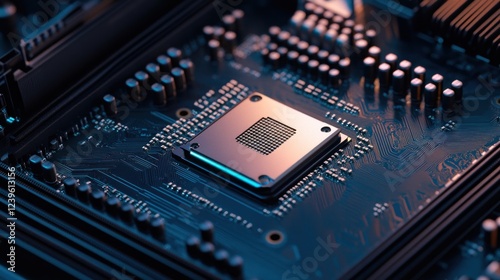 Close-up of a Computer Processor on a Motherboard with a Glowing Blue Light