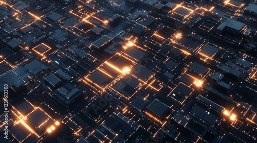 Futuristic glowing network of interconnected circuitry and digital infrastructure