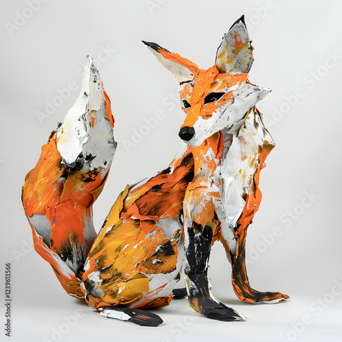 Handcrafted Vibrant Paper Mache Fox with Detail Textures Displayed Against White Background