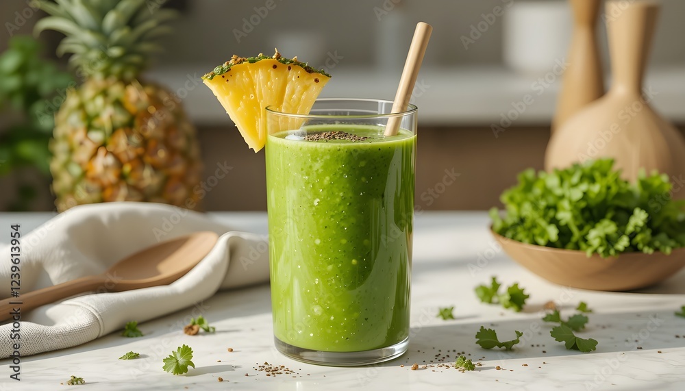 Fototapeta premium Fresh Green Smoothie with Pineapple Garnish