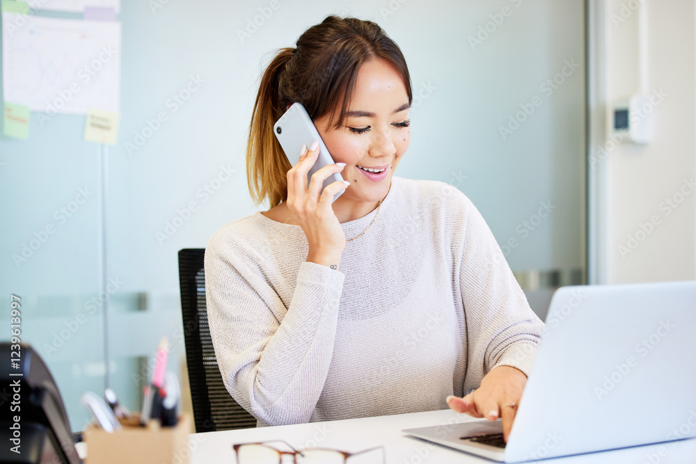Phone call, laptop and business Asian woman in office for contact, communication or discussion. Professional, admin and person on smartphone for planning, online chat and talking to schedule meeting Phone call, laptop and business Asian woman in office for contact, communication or discussion. Professional, admin and person on smartphone for planning, online chat and talking to schedule meeting