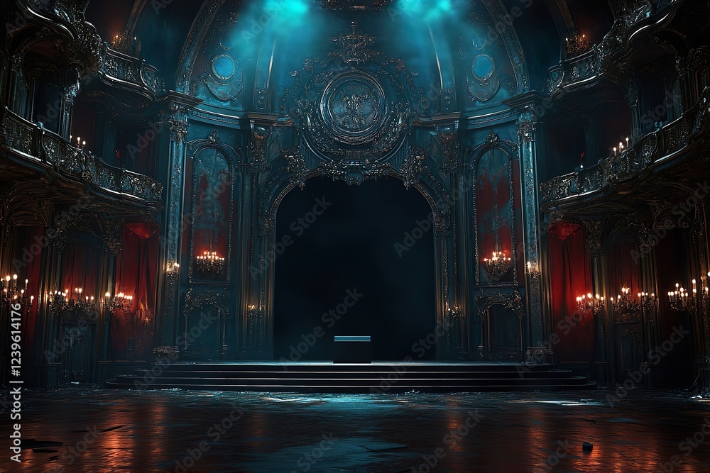 Obraz premium The image of a gloomy old cathedral with an auditorium in front, blue light falling on the square and candles on the walls, creating a scary and gloomy atmosphere.