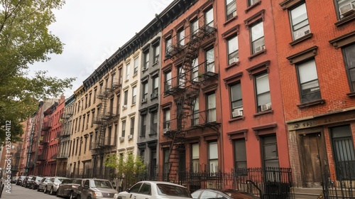 Classic New York Brownstones lined up along a city street with fire escapes