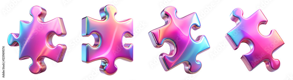 Obraz premium set of gradient blue and pink jigsaw puzzle holographic iridescent 3d render icon, cut out on the white background