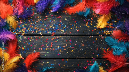 Carnival in Brazil, Carnival in Venice, Caribbean Carnival in Toronto. Background with place for photo, wooden texture with carnival mask, dogs and glitter. Place for text.