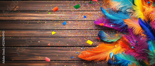 Carnival in Brazil, Carnival in Venice, Caribbean Carnival in Toronto. Background with place for photo, wooden texture with carnival mask, dogs and glitter. Place for text.