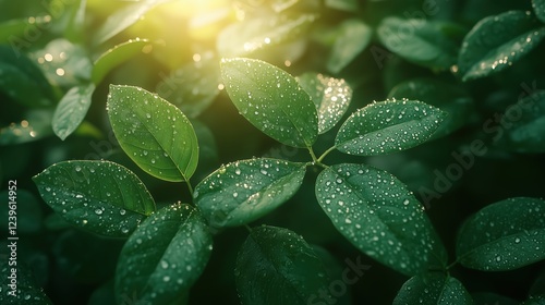 Macro shot of fresh green leaves glistening with dew against soft sunlight backdrop