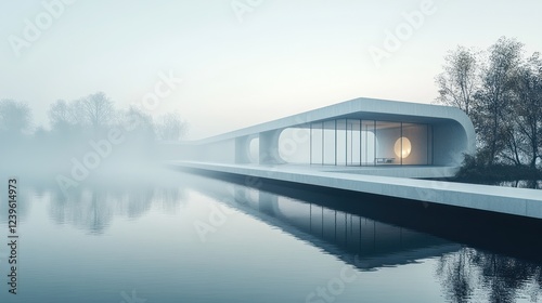 Modern lake house, foggy dawn, minimalist design, peaceful reflection, architecture