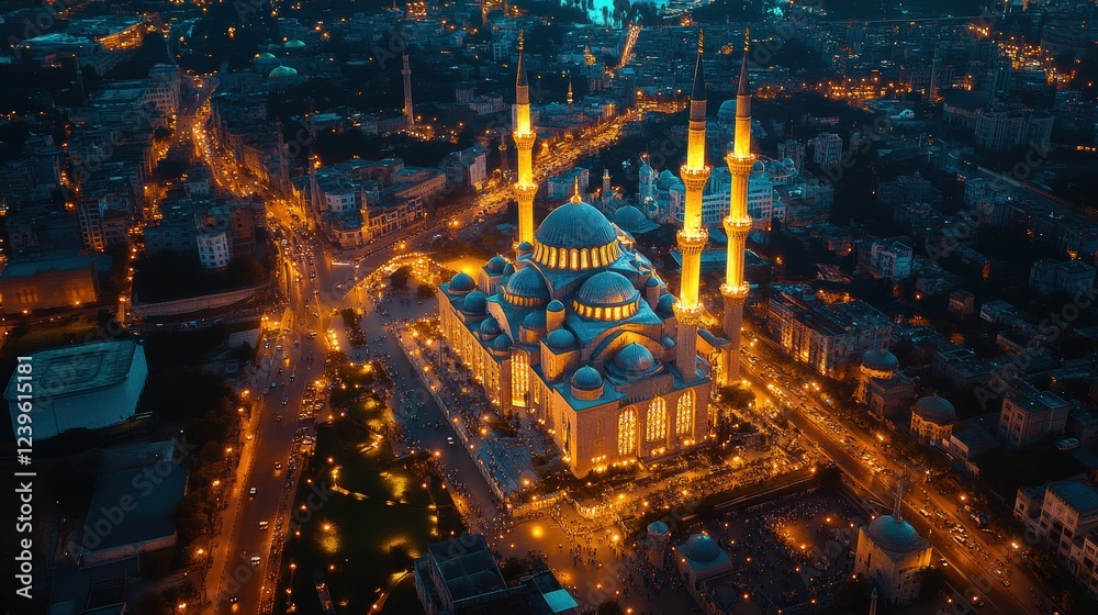 Fototapeta premium Stunning Aerial View of a Cityscape with Illuminated Mosques and Streets for Eid Festivities