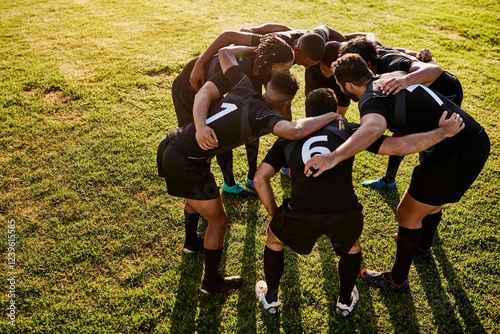 Fototapeta Naklejka Na Ścianę i Meble -  Rugby, team and huddle together for exercise, motivation and game field for match preparation. Above sports, fitness and group of men outdoor with competition planning, club and practice with talk