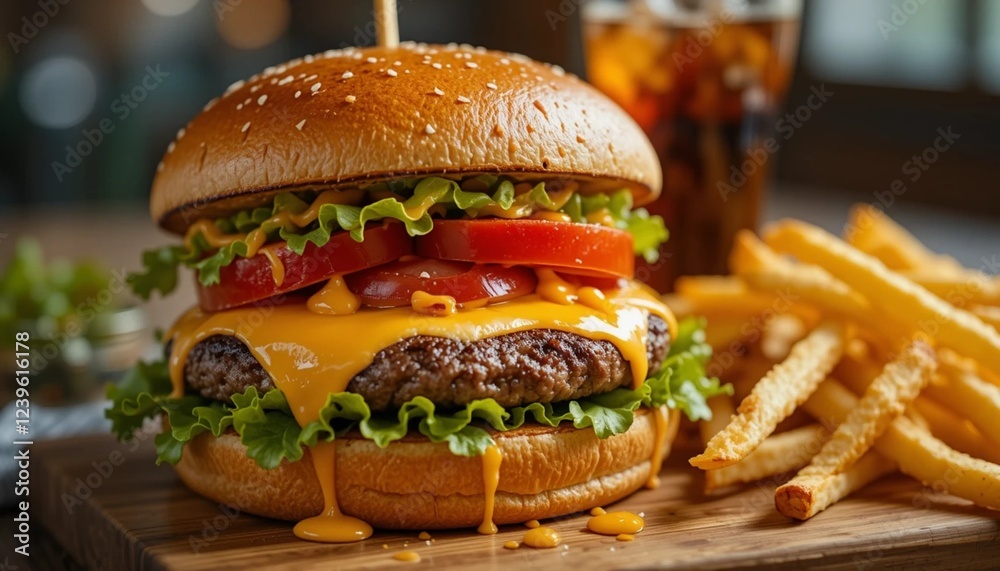 Juicy Grilled Cheeseburger with Crispy Fries Juicy Grilled Cheeseburger with Crispy Fries
