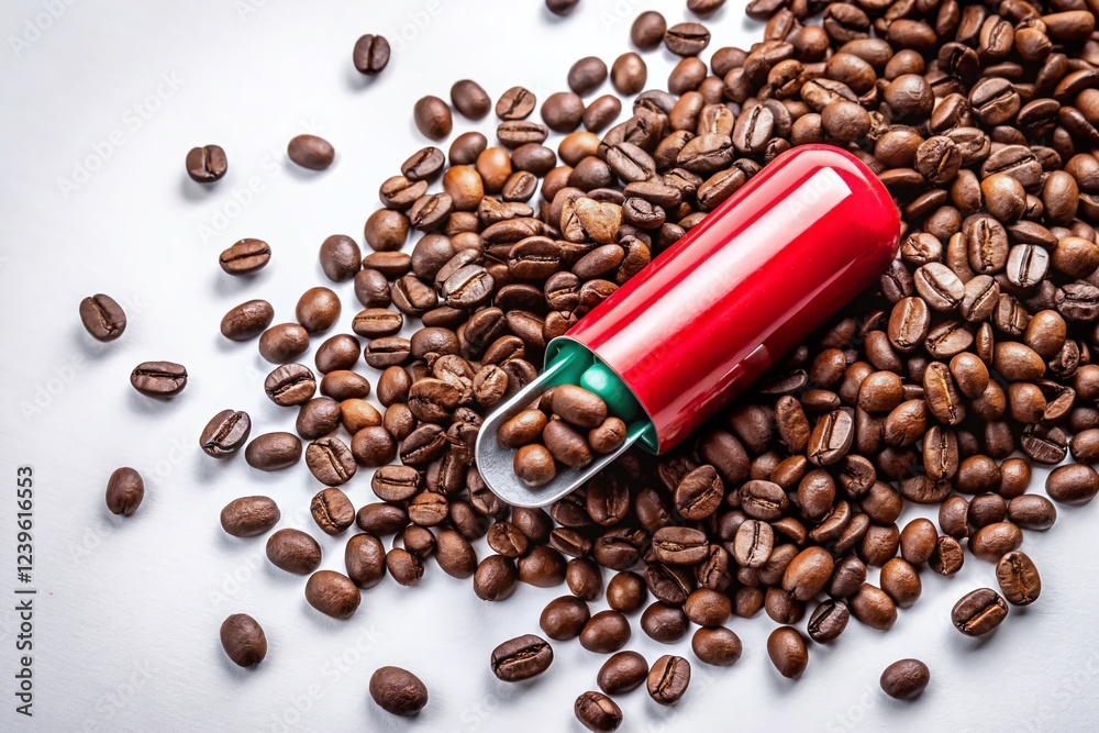 Caffeine Capsule and Coffee Beans Overhead Shot for Energy Booster Supplement