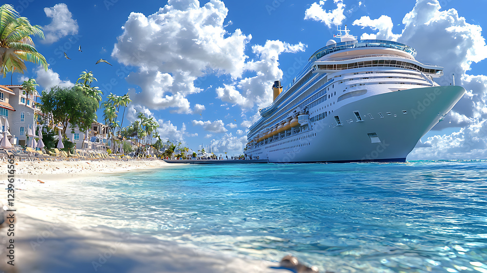 Naklejka premium stunning cruise ship docked at tropical beach, surrounded by palm trees and clear blue waters, creating serene vacation atmosphere
