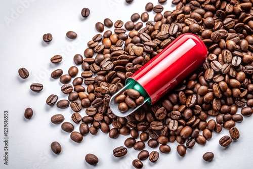 Caffeine Capsule and Coffee Beans Overhead Shot for Energy Booster Supplement