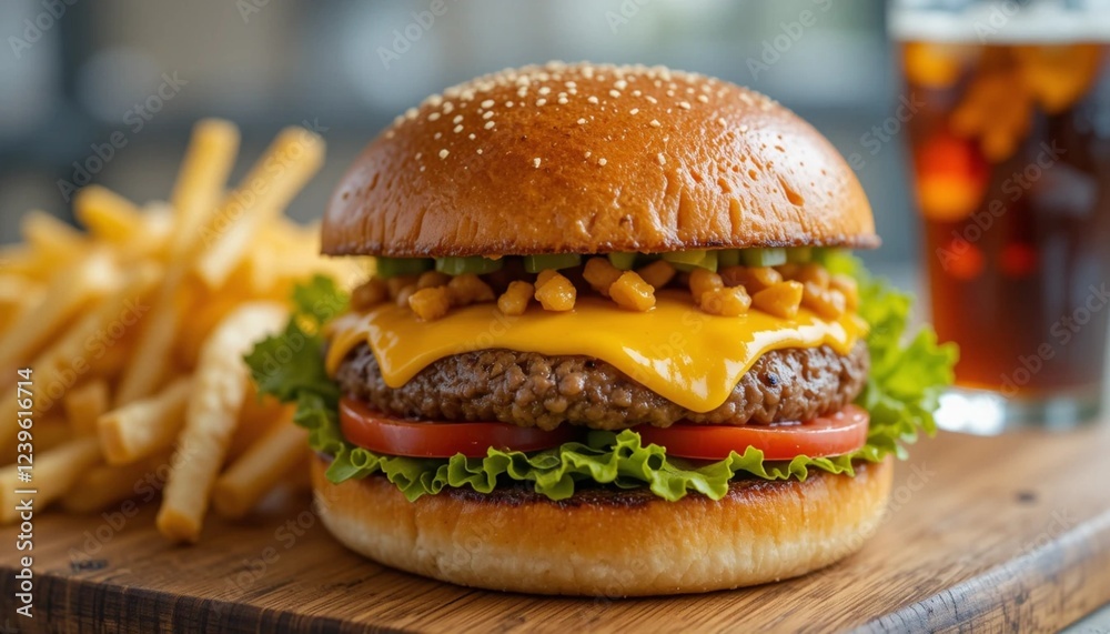 Juicy Grilled Cheeseburger with Crispy Fries