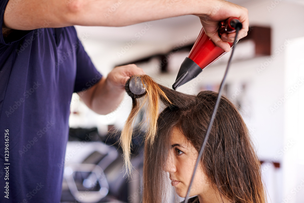 Fototapeta premium Woman, grooming and dryer for hairstyle at salon, cosmetic service and electric tool for heat treatment. Female person, customer and appointment for haircare, appliance and texture for transformation