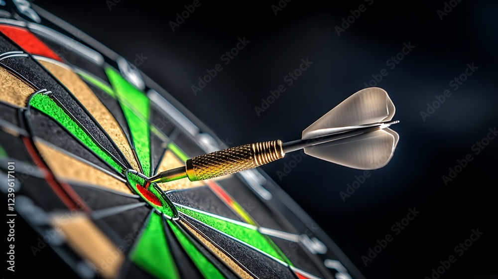 Close-up of a dart hitting the bullseye on a dartboard, with a blurred background emphasizing focus Close-up of a dart hitting the bullseye on a dartboard, with a blurred background emphasizing focus