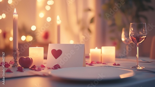 Valentine mockup card minimalist design. Romantic Table Setting with Candle Light and Heart Card for a Special Celebration Dinner.