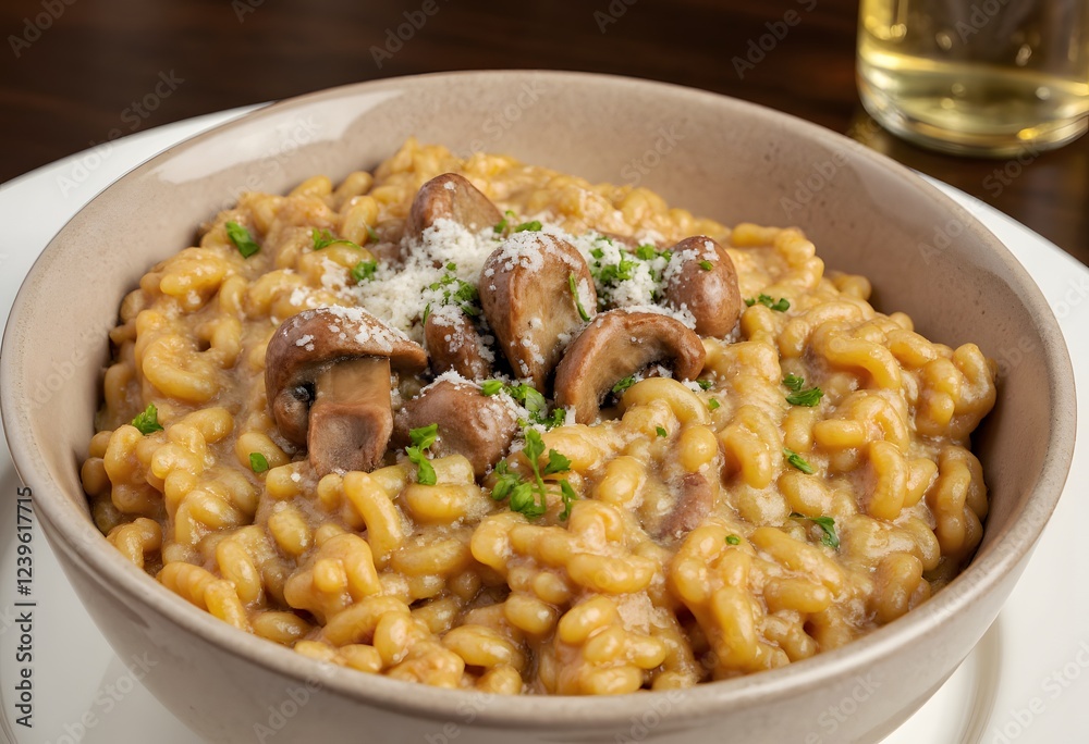 A rich and creamy mushroom risotto in a deep ceramic bowl, garnished with freshly grated parmesan and chopped parsley. A rich and creamy mushroom risotto in a deep ceramic bowl, garnished with freshly grated parmesan and chopped parsley.