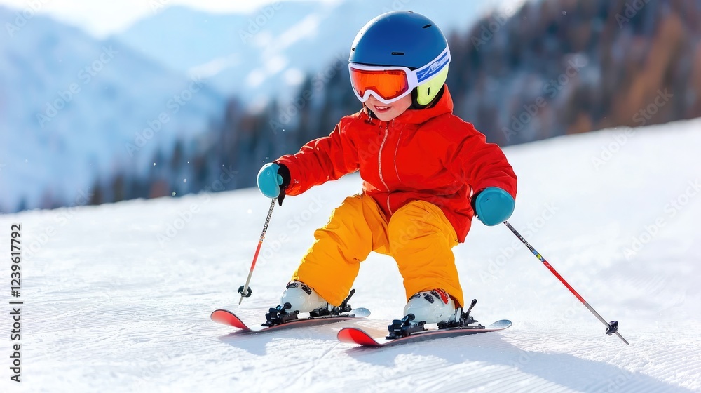 Child skiing snowy mountain slope, sunny Alps Child skiing snowy mountain slope, sunny Alps