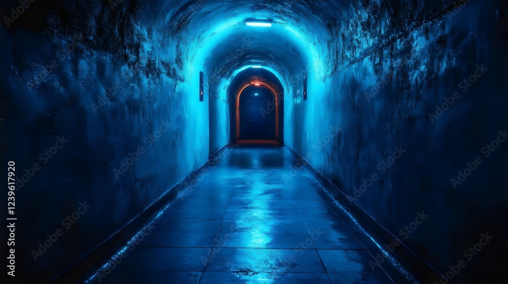 A dark tunnel with a blue light shining down on it A dark tunnel with a blue light shining down on it