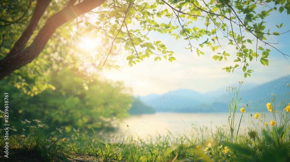 Fototapeta premium Calm morning by the lake with sunlight filtering through green leaves and mountains in the distance. Generative AI