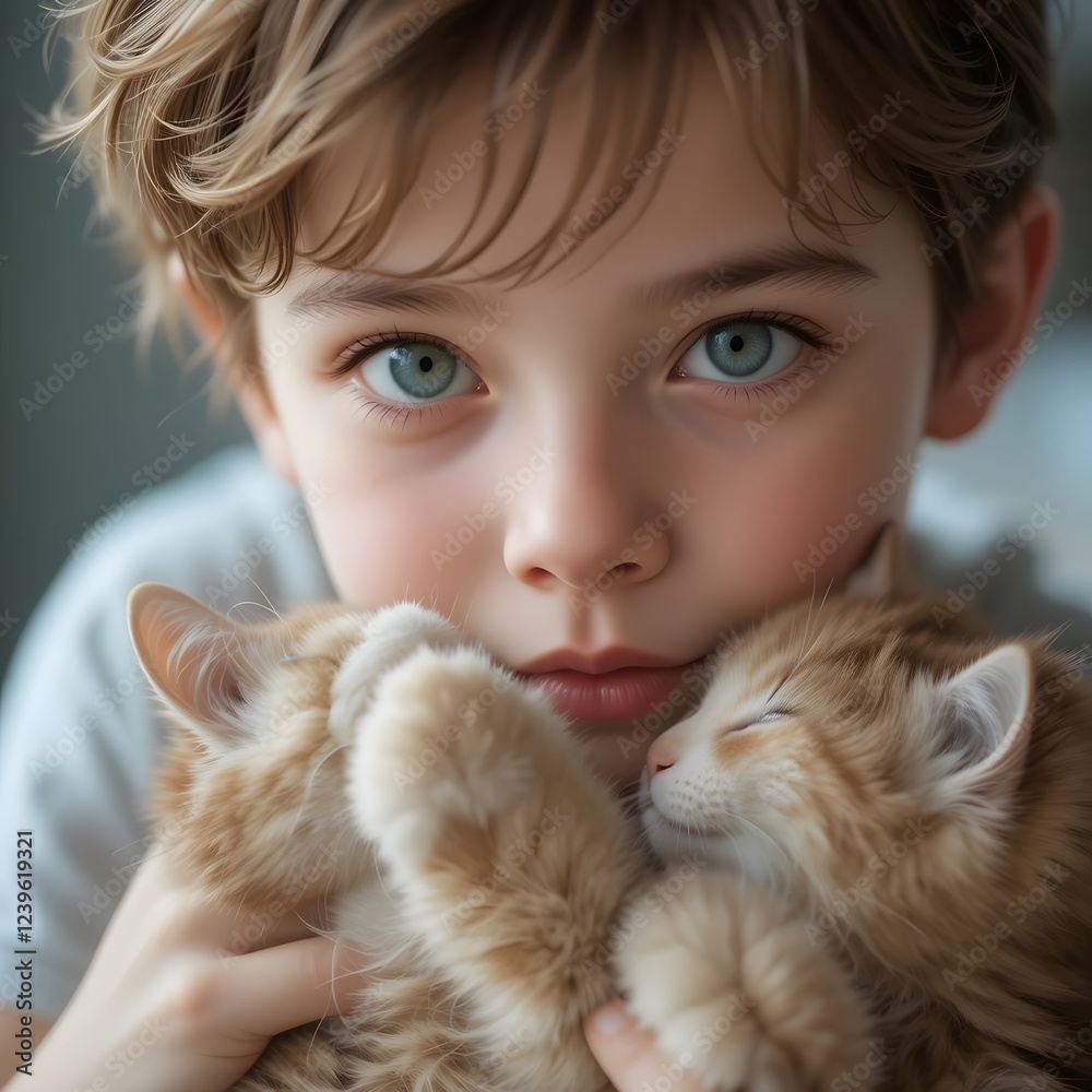 Niño acariciando un gatito Niño acariciando un gatito
