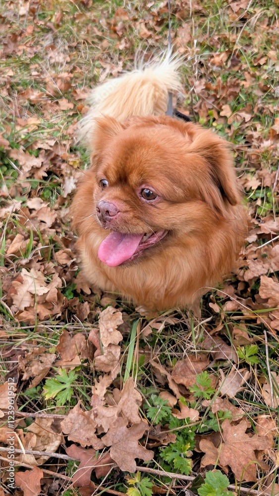 Portrait of cute little brown dog with tongue out in nature, pets and animals background