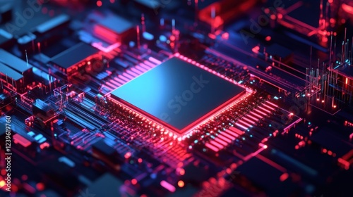 Complex Circuit Board with Central Processor in Blue and Red Light Technology