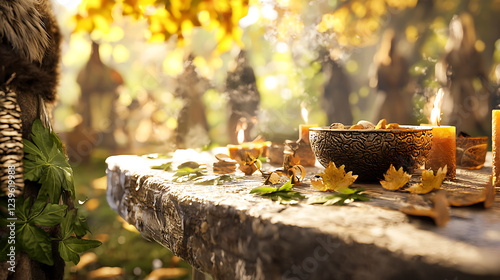 serene outdoor scene featuring wooden table adorned with leaves, candles, and decorative bowl, evoking sense of tranquility and nature photo