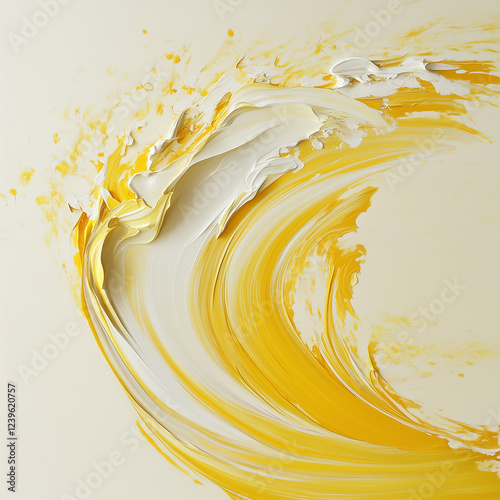 Vivid and dynamic brushstrokes of flowing yellow and white paint, captured in motion against a neutral background, create a sense of lively energy and fluidity.  photo