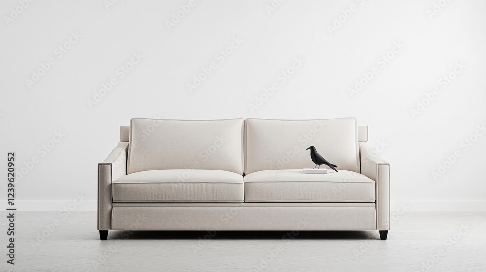Black Crow on a Beige Sofa in a Minimalist Room Black Crow on a Beige Sofa in a Minimalist Room