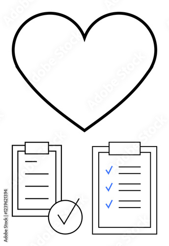 Large heart outline above two clipboards. One shows blank lines with a tick, while the other has multiple checklist marks. Ideal for wellness, self-care, progress tracking, organization, health