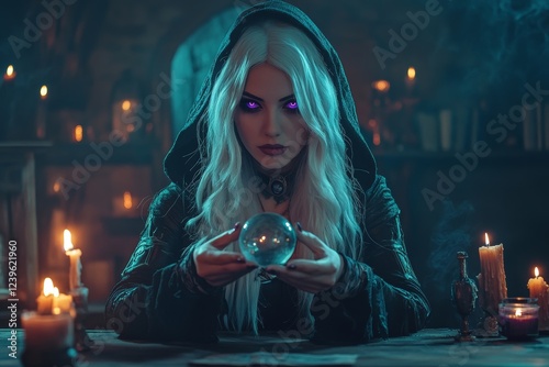 Young gypsy woman predicting the future with tarot cards, looking directly into the camera, in a setting with mystical decorations photo