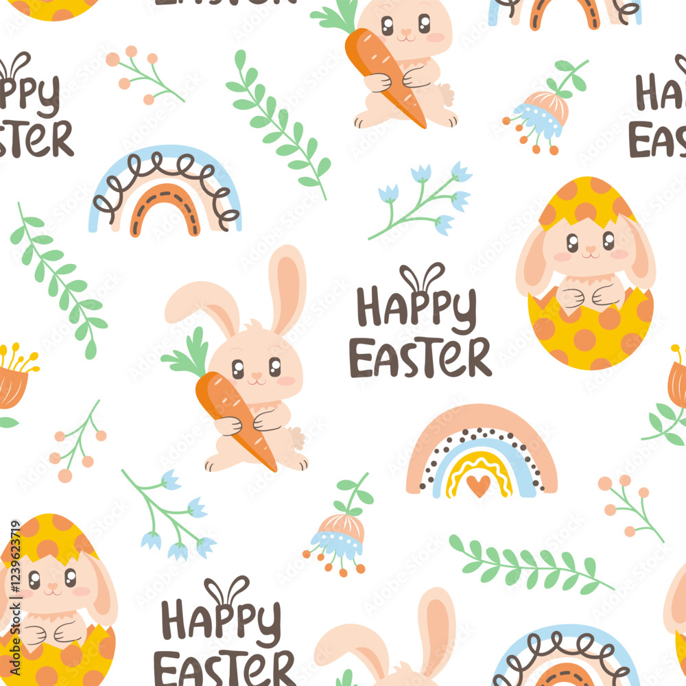 Happy Easter seamless pattern. Spring pastel background with bunny, flower and rainbow. Happy Easter seamless pattern. Spring pastel background with bunny, flower and rainbow.