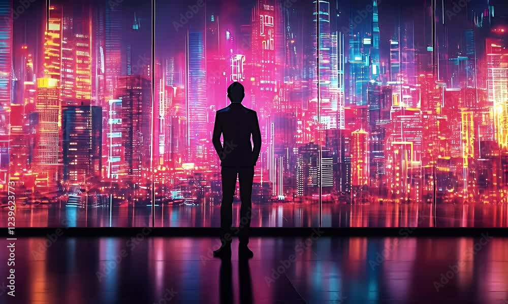 A silhouetted figure stands before a vibrant, neon cityscape, evoking a futuristic atmosphere.