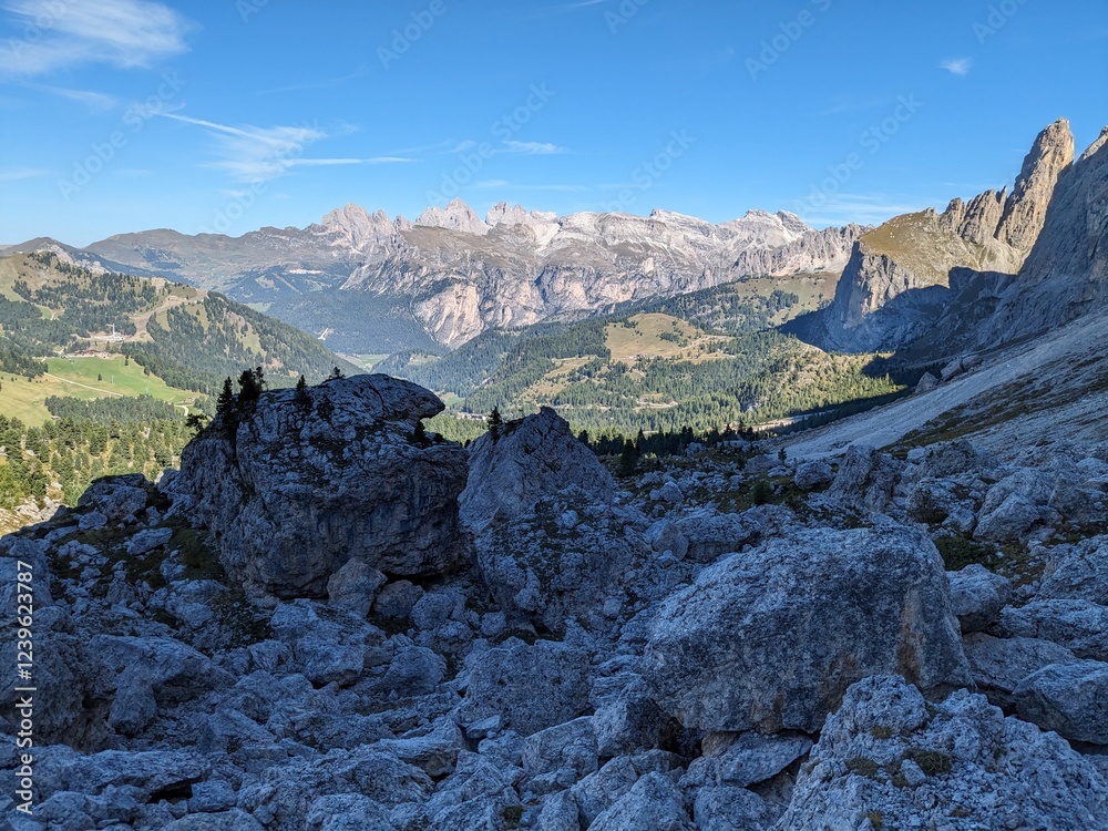 Obraz premium Dolomites mountains panorama landscape view Italy-with mountain meadows,lakes and rocky and sharp mountain tops,Dolomite Alps mountains, Trentino Alto Adige region, Sudtirol 