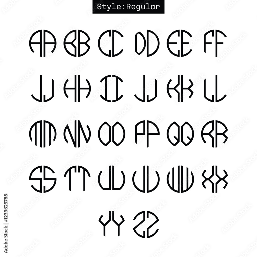 Monogram circle alphabet. Round geometric font for logos. Monogram circle alphabet. Round geometric font for logos.