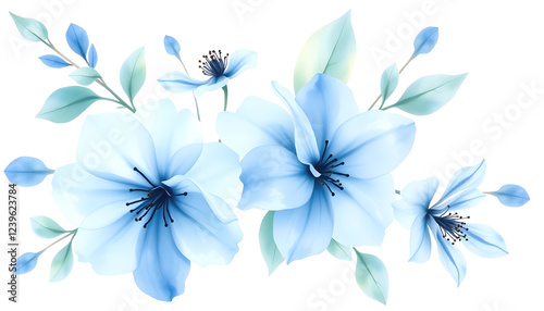 Watercolor floral illustration, dusty blue flowers with transparent petals and leaves. Hand painted watercolor bouquet on a white background , with white tonespng