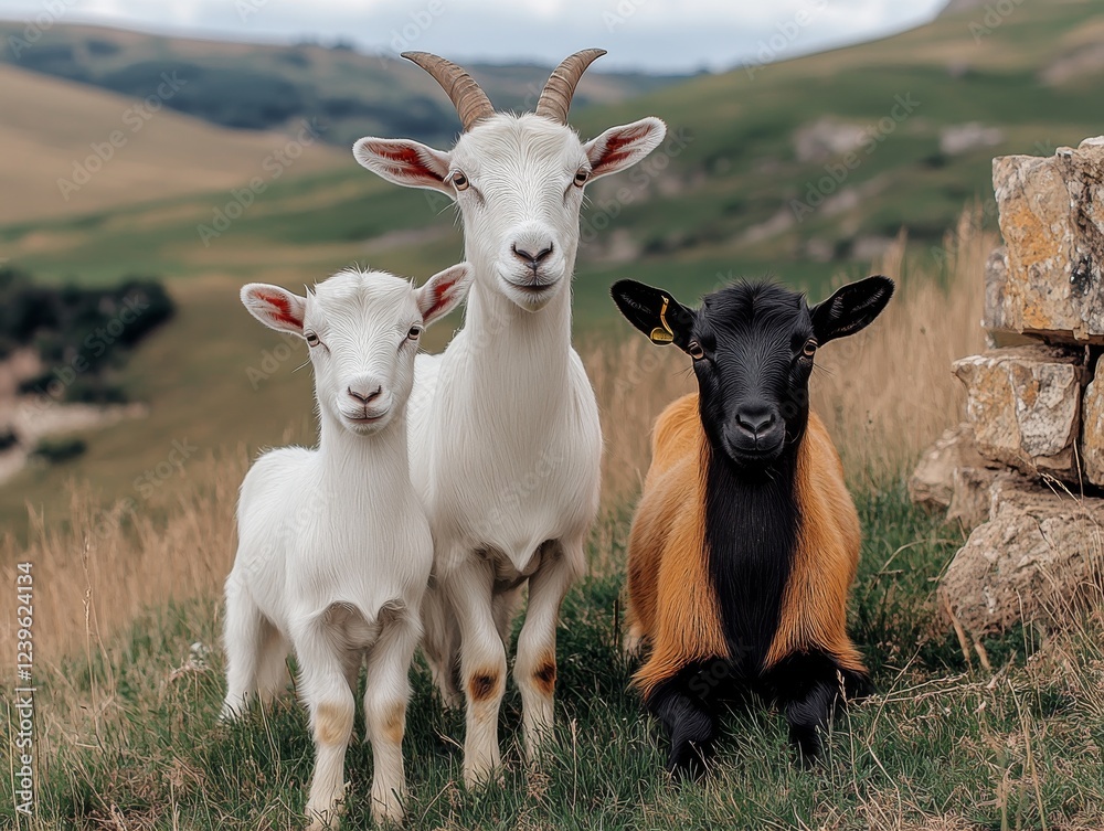 Fototapeta premium Three goats posing on a hillside meadow with stone wall